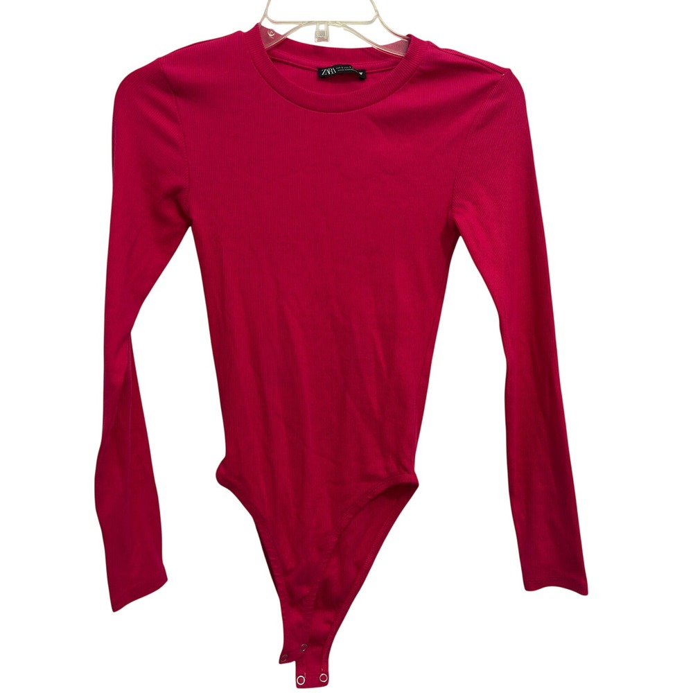 Zara Ribbed Bodysuit Hot Pink Long Sleeve Crew Neck Clean Girl Size Small